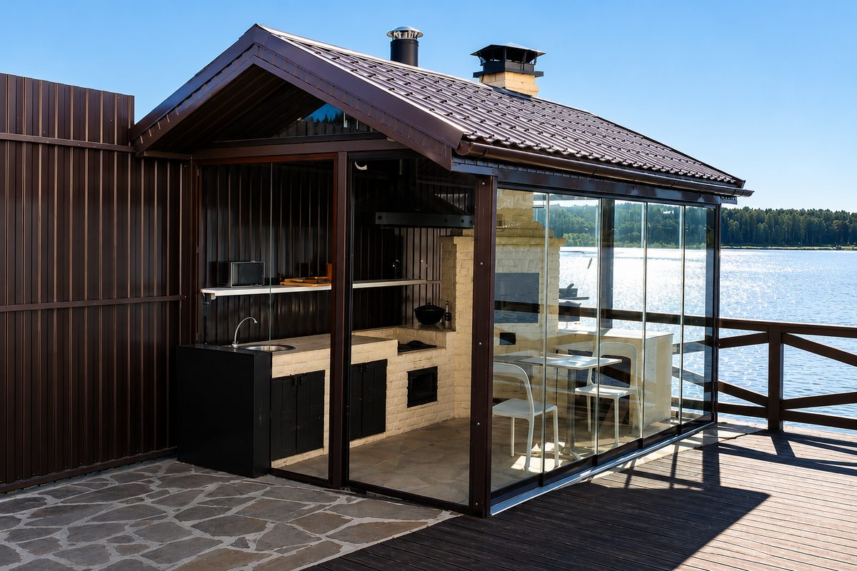 Pavilion with floor-to-ceiling sliding glass walls