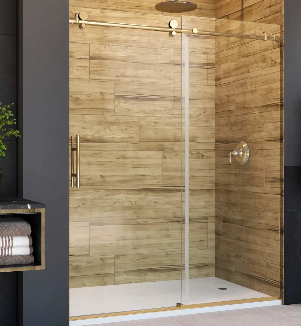 Agalite Transcend single sliding shower door with exposed rollers, round rail and ladder handle
