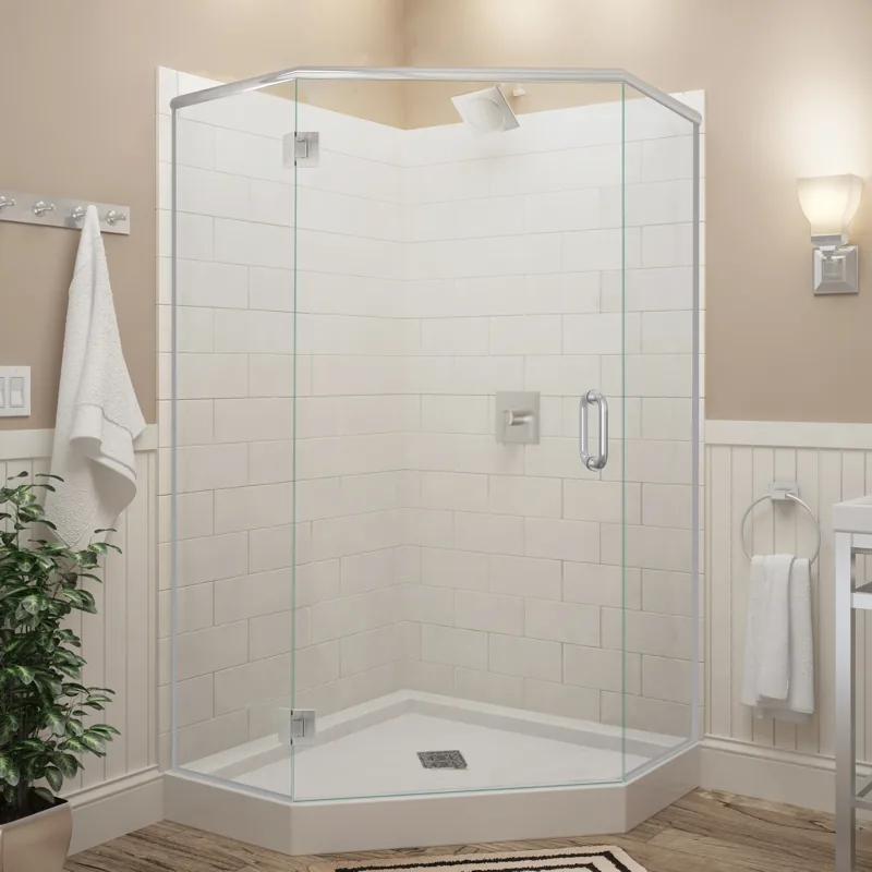 Agalite Estate neo-angle corner shower enclosure with a hinged door and two fixed glass sides