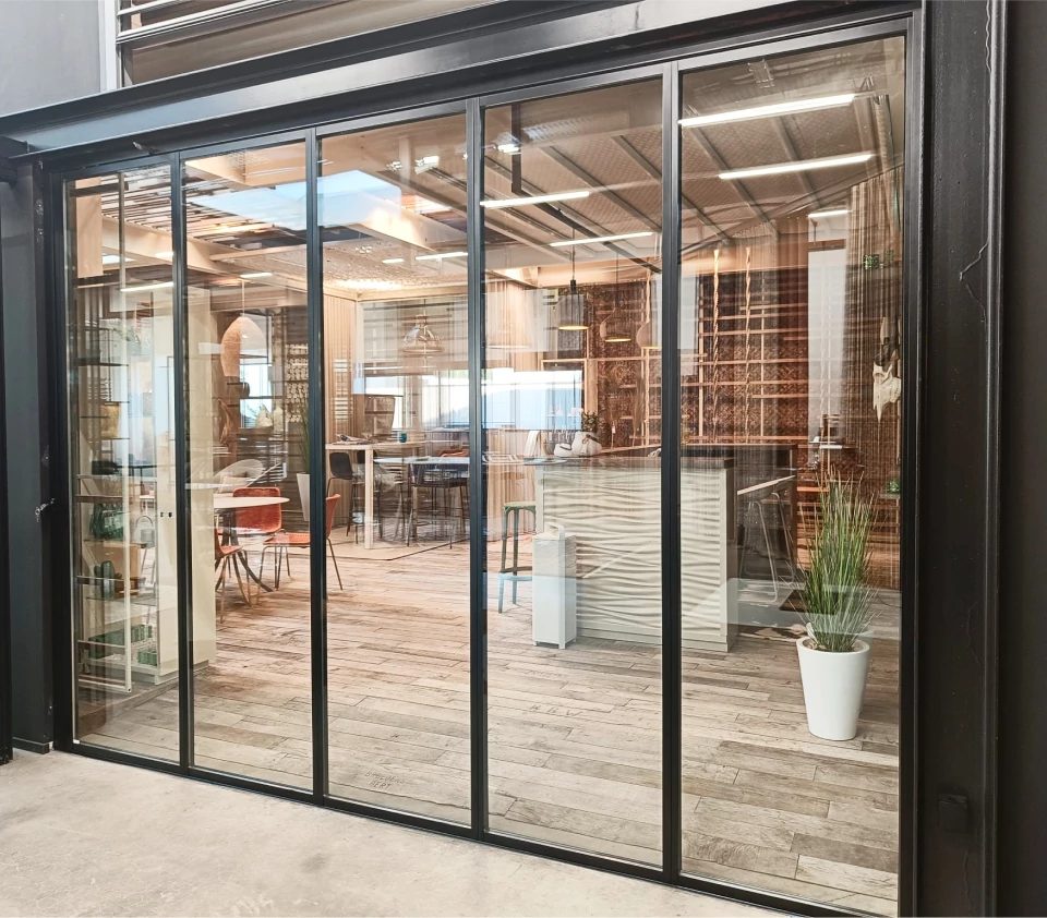 Black-framed glass storefront system