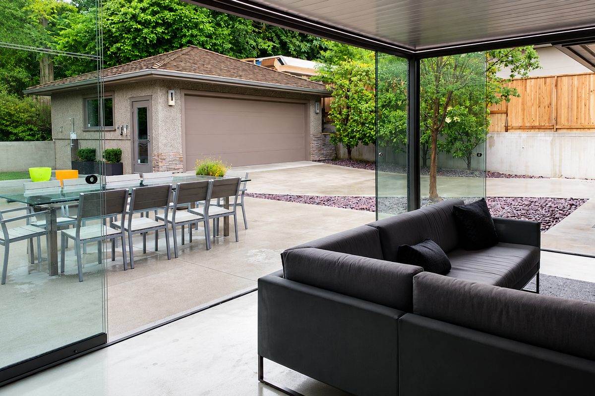 Patio lounge enclosed with frameless glass panels