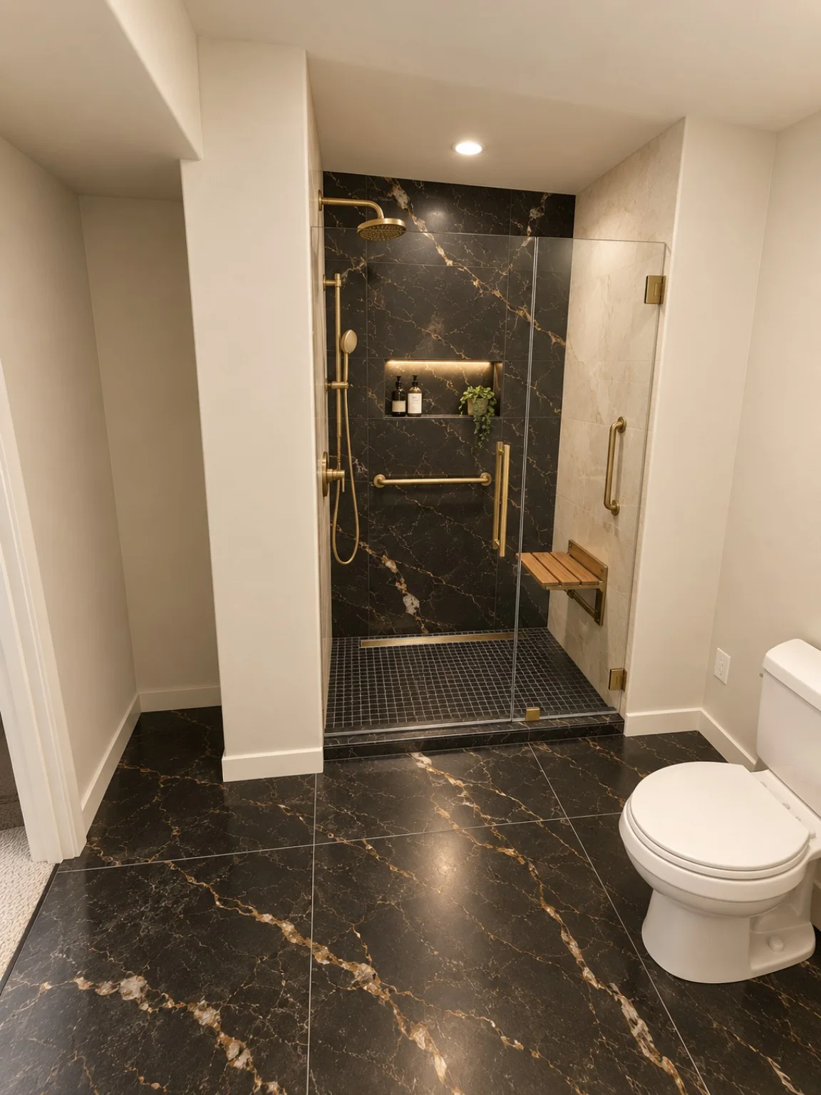 Installed frameless hinged glass shower door with gold-tone hardware