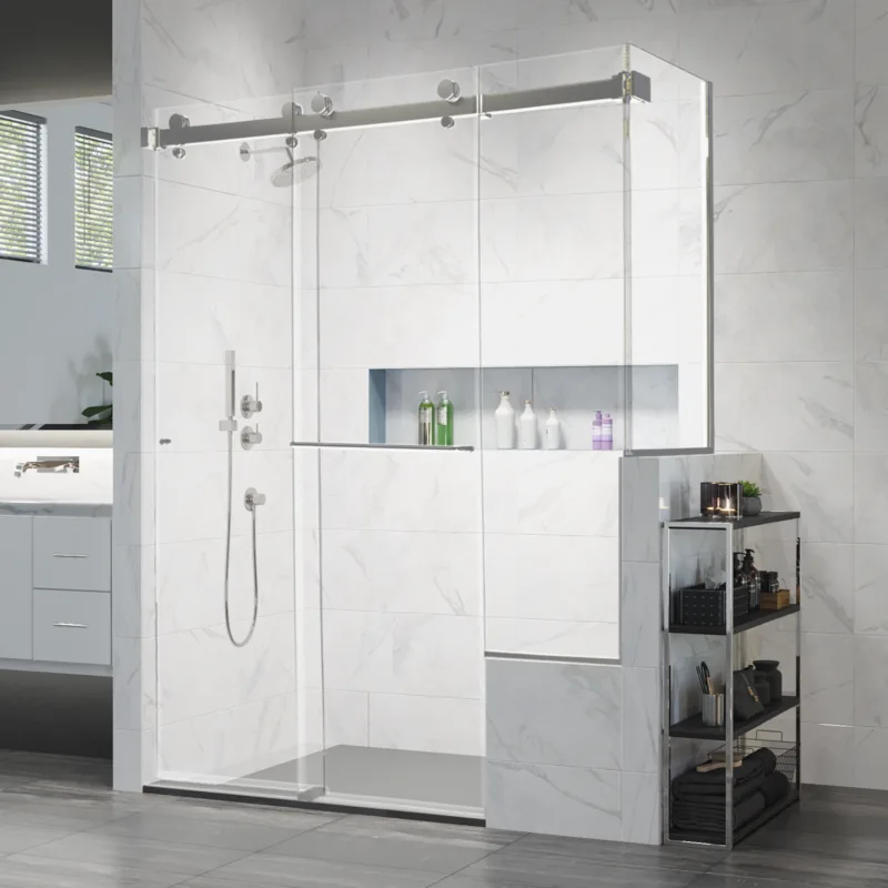 Agalite Napa double-bypass shower enclosure with rectangular header and a right-angle return panel