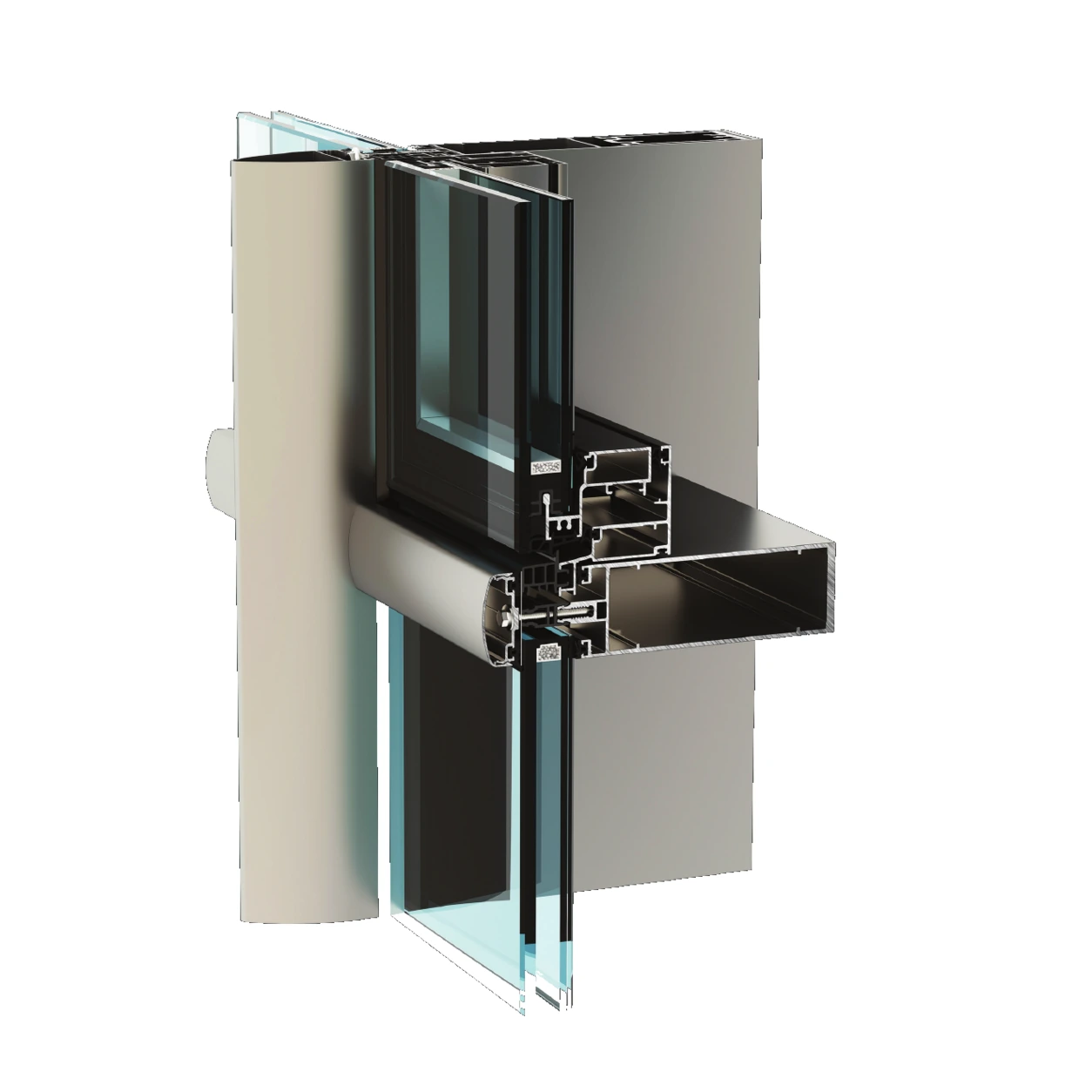 Everest CE 30 000 Series curtain wall technical cutaway: mullion and transom intersection in natural catalog colours, showing the pressure plate, cover cap, glazing gaskets and insulated glass units on a plain white background.
