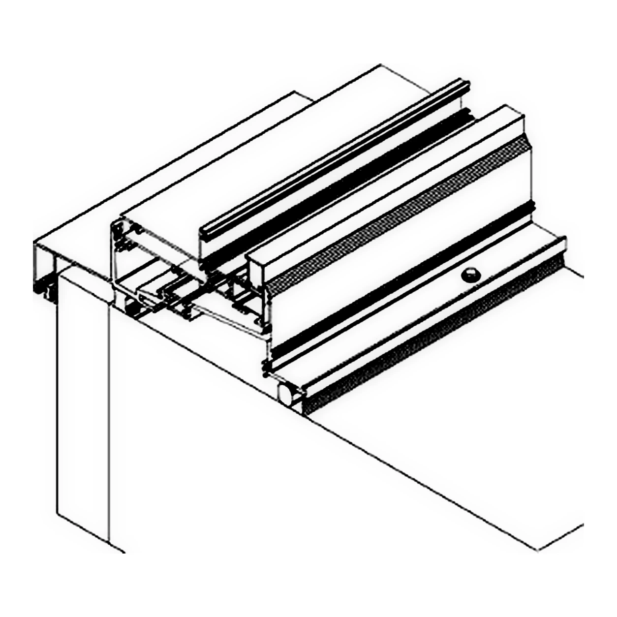 Everest 37 000 Series window wall system drawing: manufacturer isometric line drawing of the extruded aluminum head, sill and interlock profiles assembled at a slab edge, drawn in black line work on a plain white background.