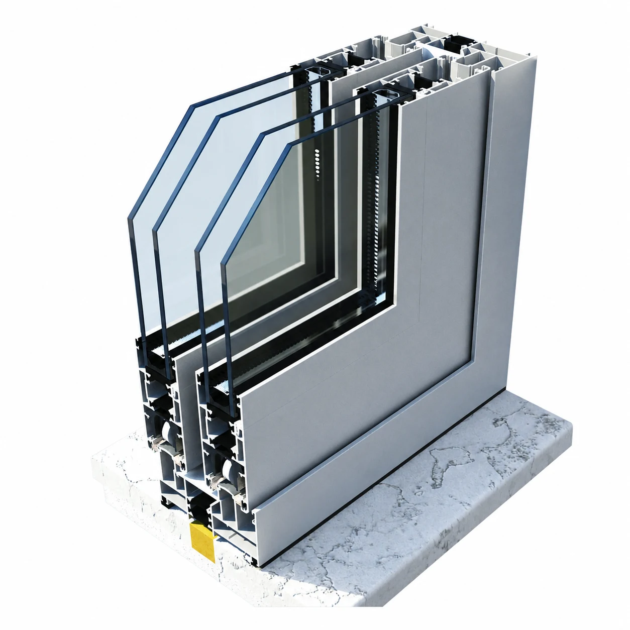 Everest CE 91 000 Series sliding doors and windows technical cutaway: multi-track sill and interlock section with rollers, thermal breaks and insulated glazing panels, shown on a plain white background.