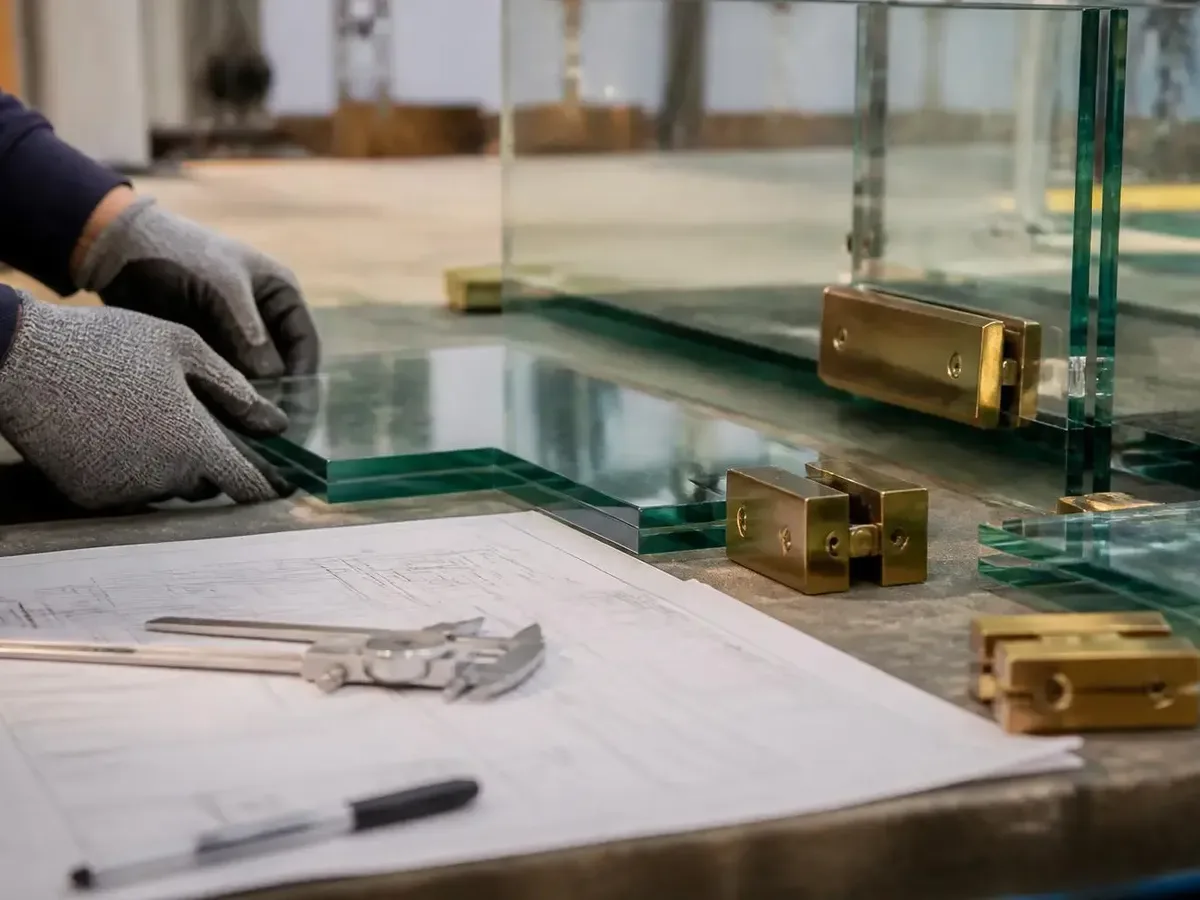 Fabrication bench in a glazing shop: a gloved fabricator positioning a laminated glass panel beside brass patch fittings, with a marked-up shop drawing and callipers laid out in the foreground.