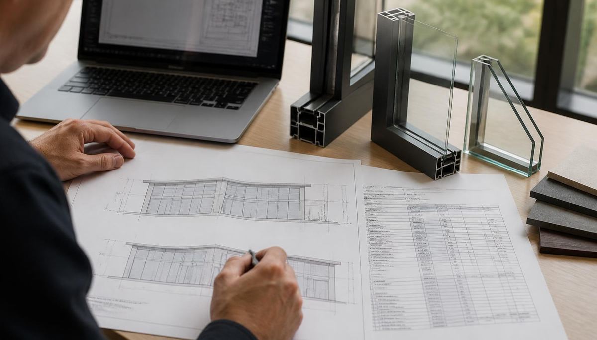 Architectural elevation drawings and a glazing specification on a desk beside aluminum framing and glass samples