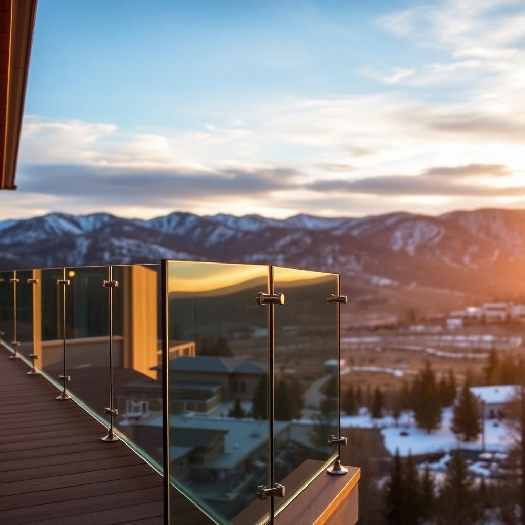 Glass balcony railing with metal posts on a deck overlooking mountains