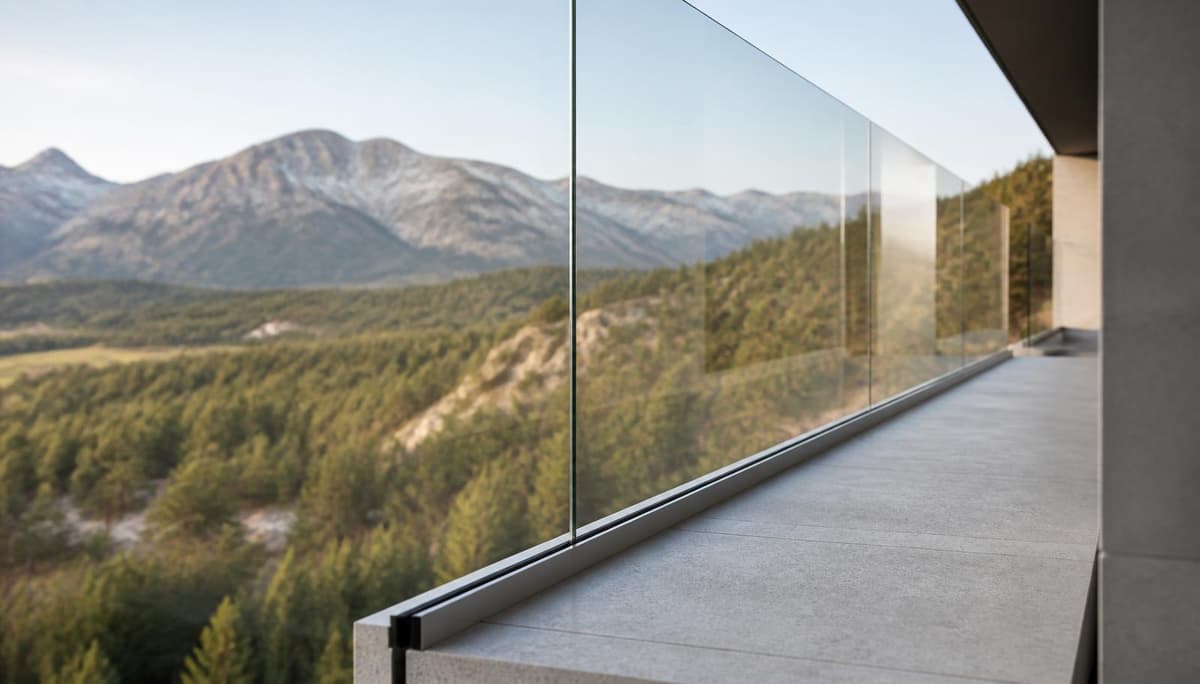 Frameless glass guardrail set in a slim metal base shoe along a concrete balcony edge in the foothills