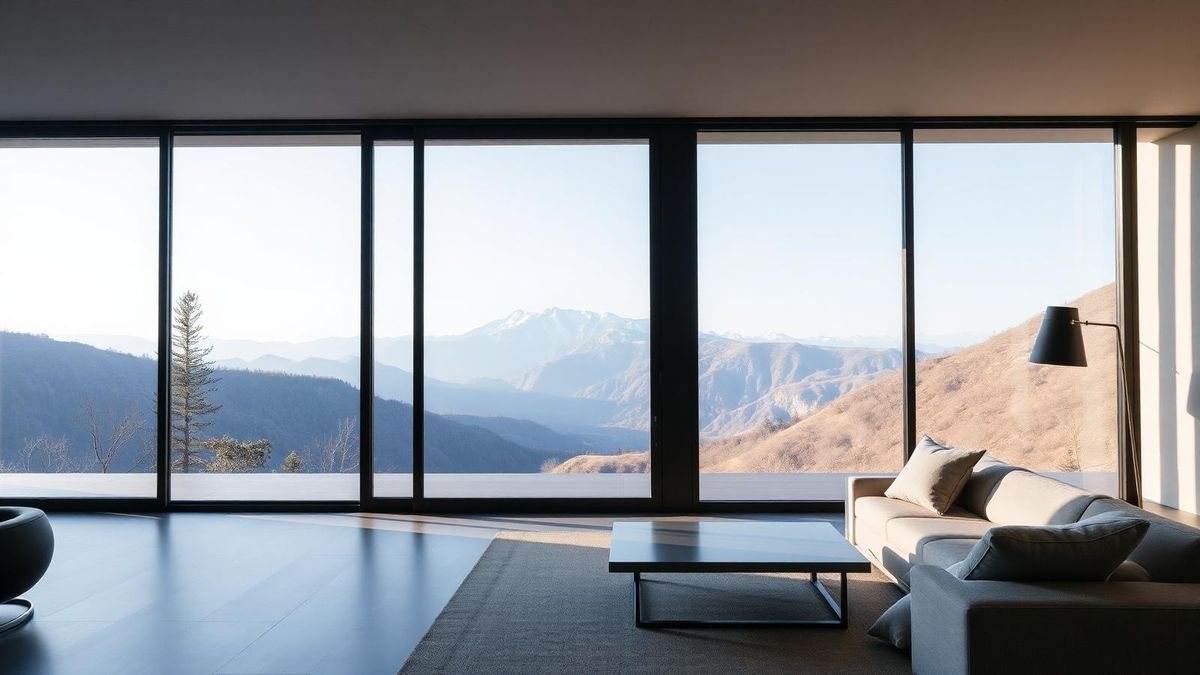 Minimum-sightline sliding glass wall in a living room with a mountain view