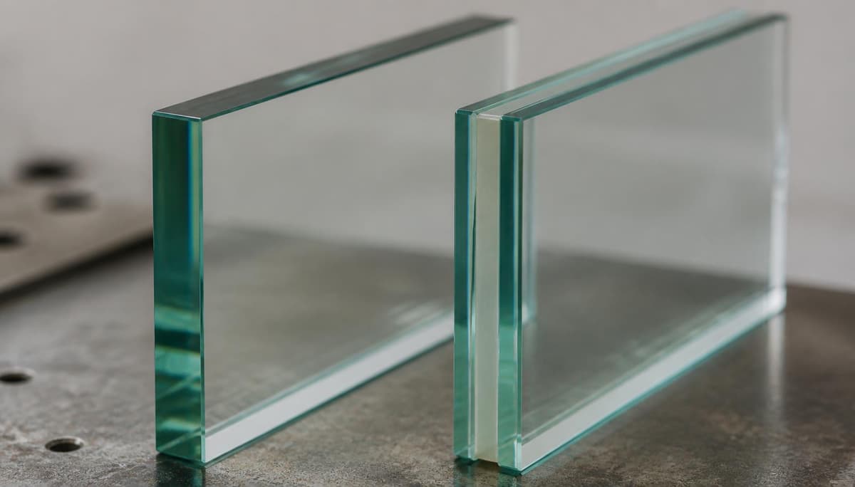 Two glass samples on a bench: a monolithic tempered pane beside a laminated pane showing its interlayer at the edge