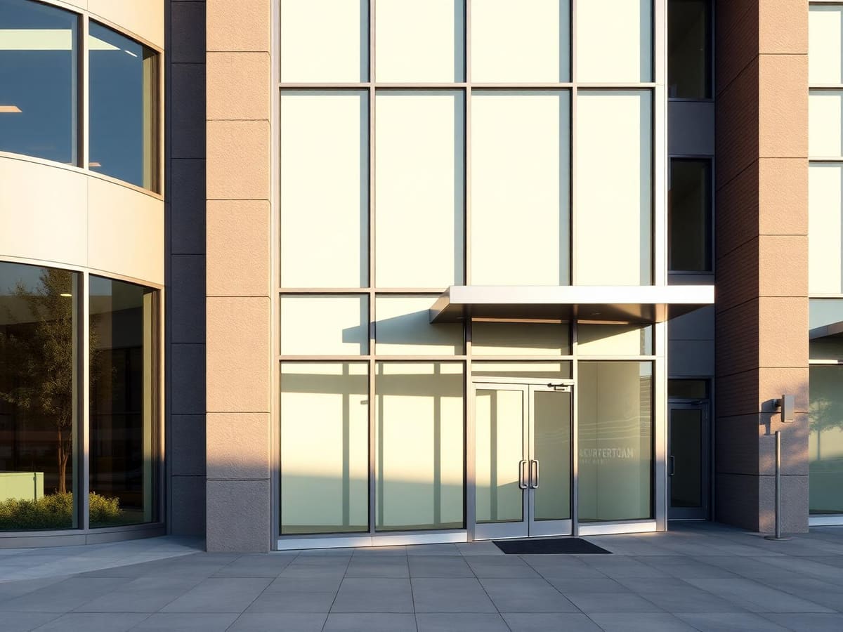 Modern Denver commercial building facade with aluminum-framed glazing and glass entry