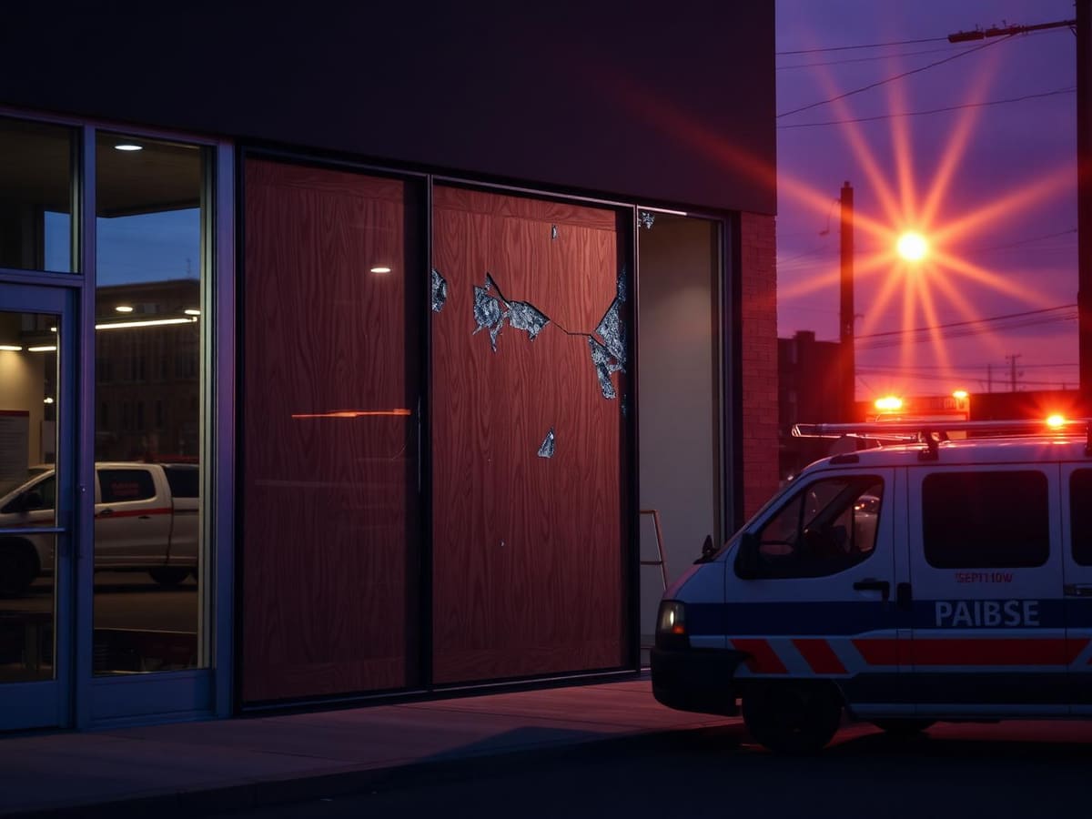 Temporary board-up over a broken commercial storefront glass panel at dusk
