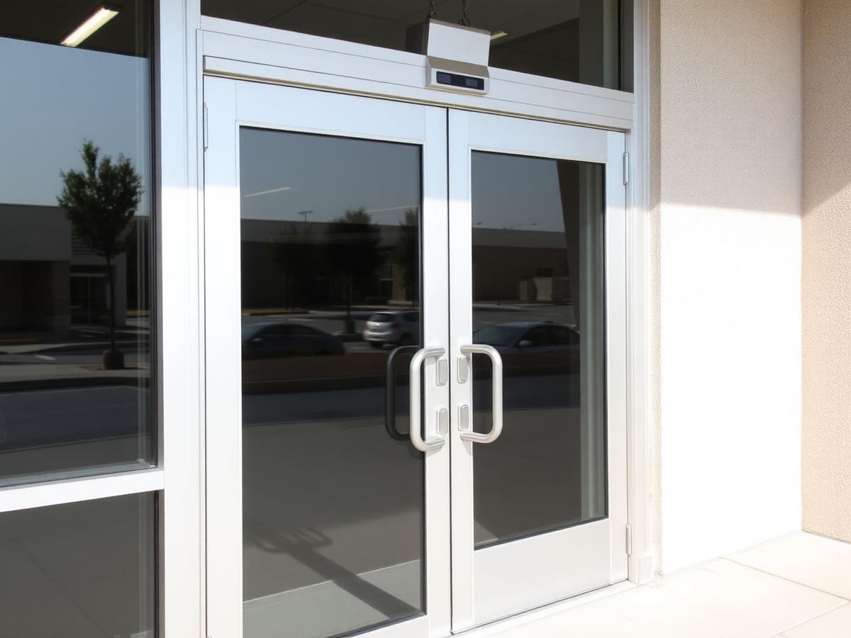 Aluminum-framed commercial glass entry door with pull handles and overhead closer