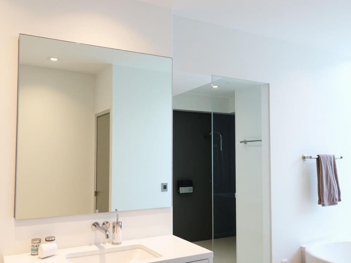 Large frameless custom wall mirror installed above a modern bathroom vanity