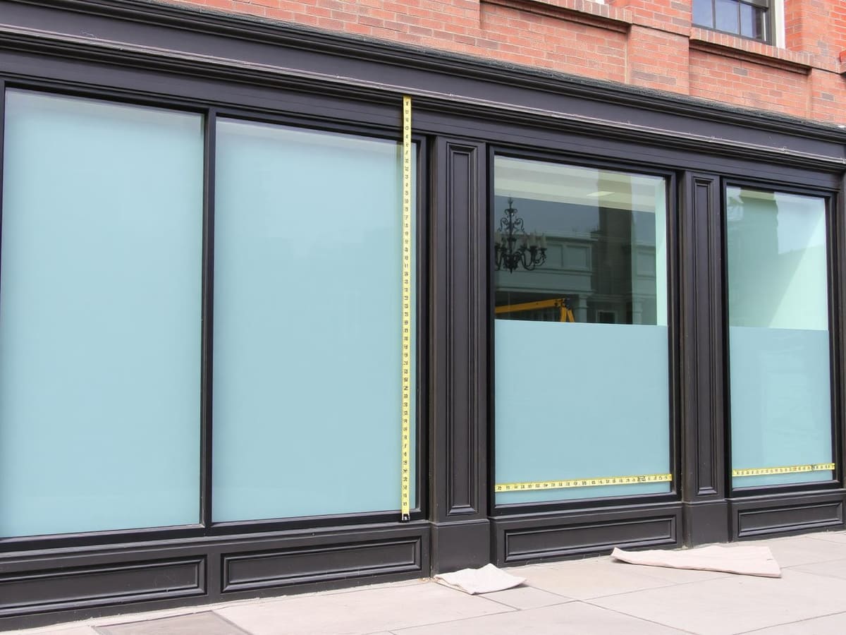 Commercial storefront with dark aluminum framing being measured for glass replacement
