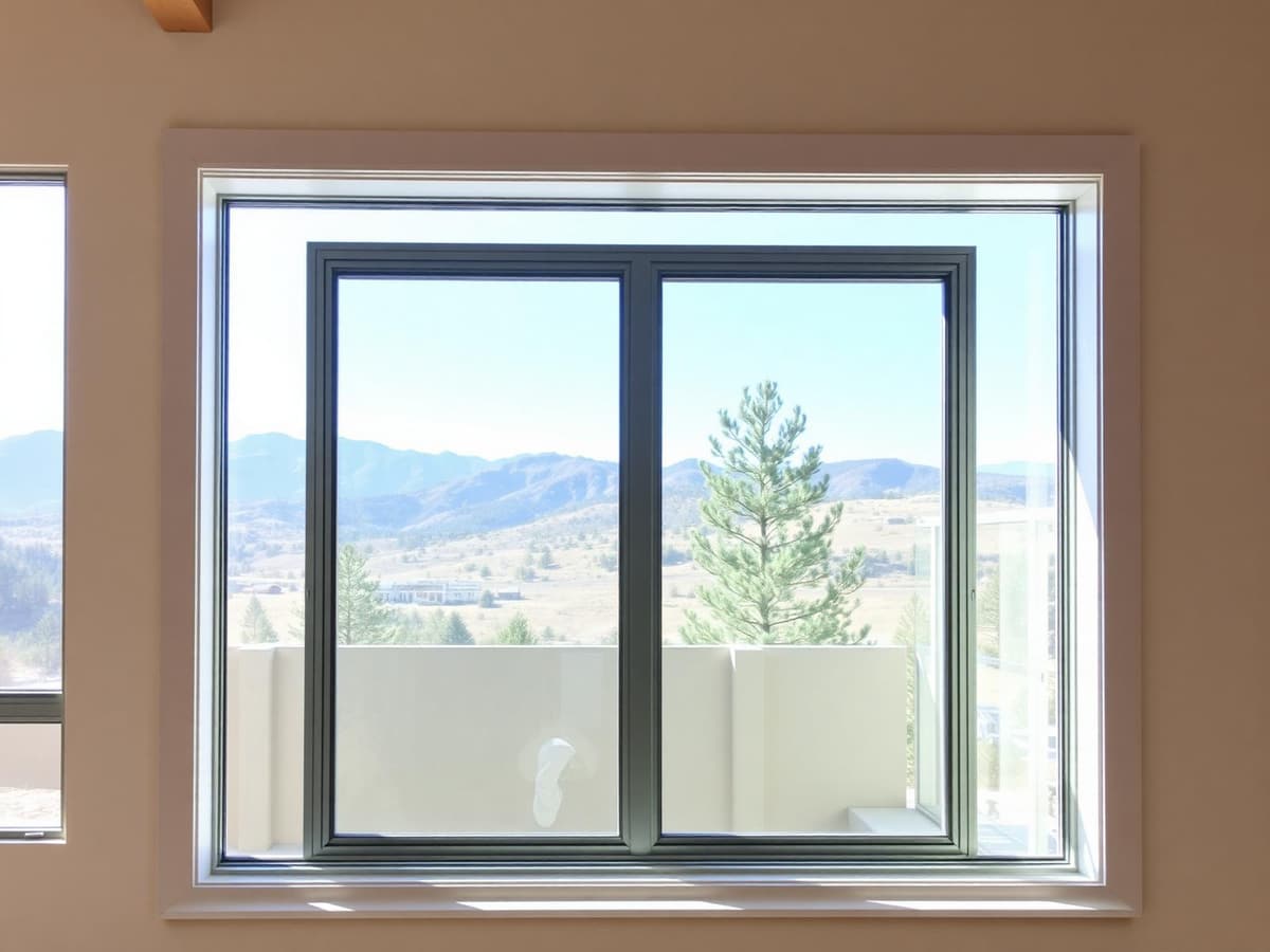 Newly installed modern window with clean insulated glass in a Colorado home, mountain view beyond